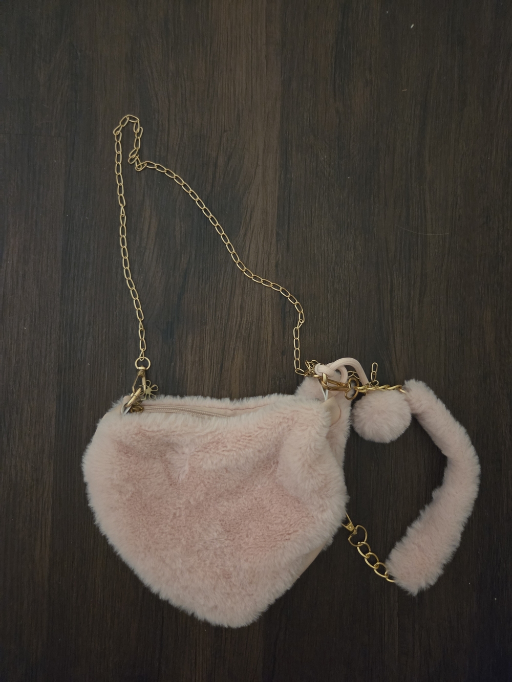 Plush Heart Crossbody Bag — Light Pink Faux Fur with Gold Chain